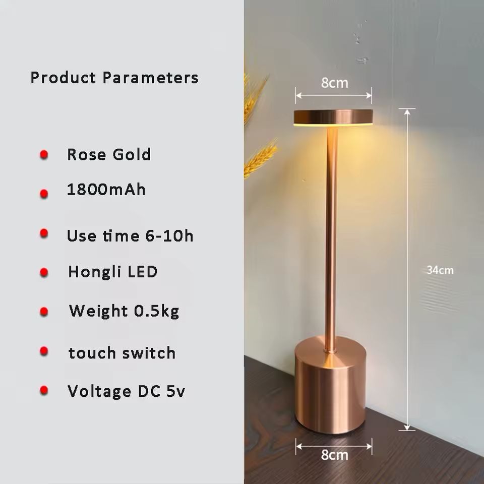Rose Gold cordless LED table lamp with touch control, rechargeable battery, warm light and modern minimalist design.