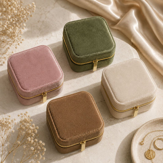 Belle Velvet Jewelry Box in Ivory White, Blush Pink, Champagne Beige and Sage Green – luxury velvet travel jewelry organizer by Maison Fleur Home