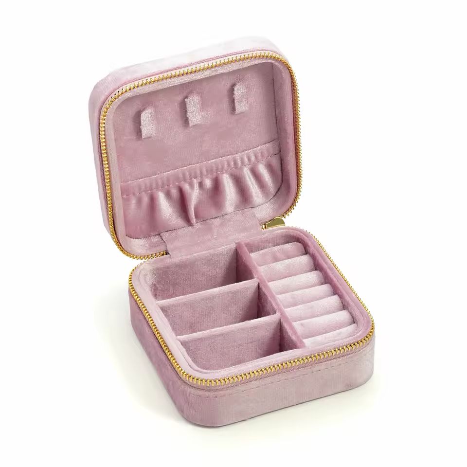 Belle Velvet Jewelry Box in Blush Pink with ring holder, necklace hooks and velvet compartments for elegant jewelry storage and travel
