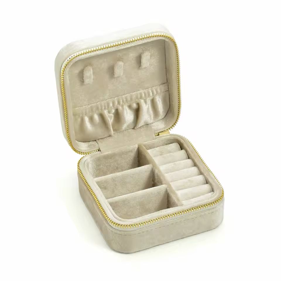 Belle Velvet Jewelry Box in Champagne Beige with soft velvet lining, ring holder, necklace hooks and multiple compartments for jewelry organization