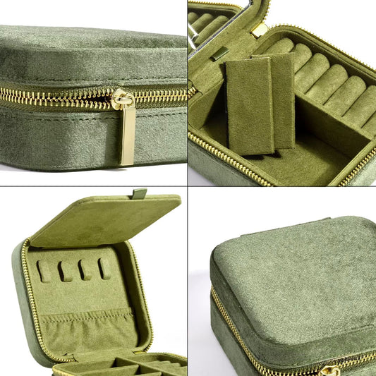 Belle Velvet Jewelry Box in Sage Green with zipper closure, ring rolls, necklace holder and removable compartments for jewelry organization
