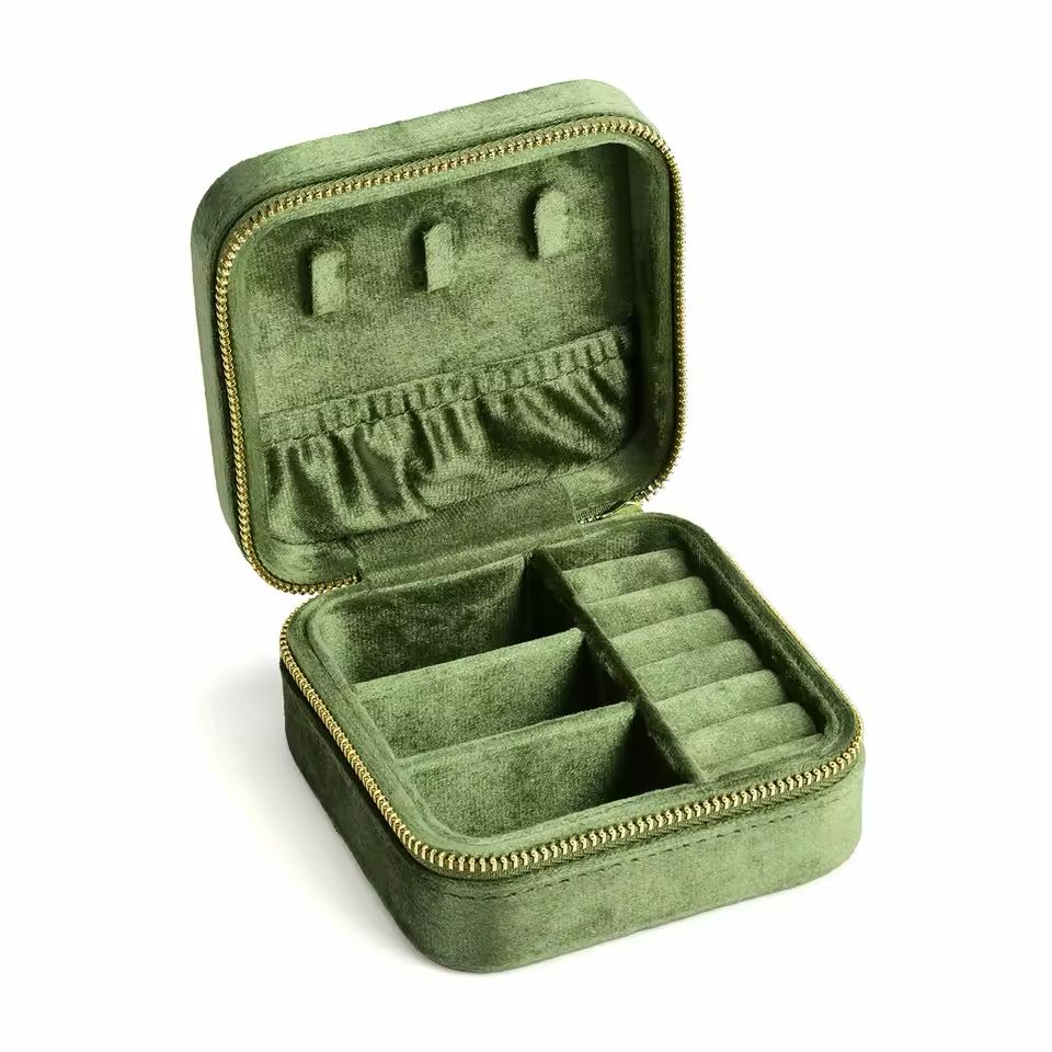Belle Velvet Jewelry Box in Sage Green with soft velvet lining, ring holder, necklace hooks and multiple compartments for elegant jewelry organization