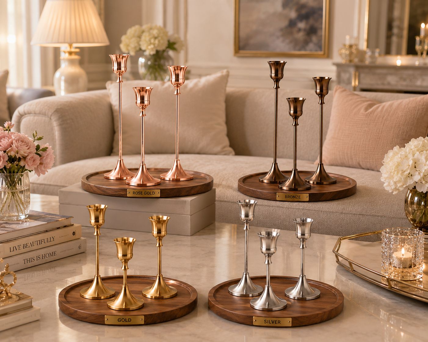 Éclat candle holder set available in rose gold, bronze, gold and silver finishes displayed in a luxury living room.