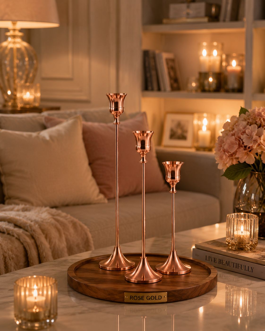 Rose gold Éclat candle holder set displayed on a wooden tray in a luxurious living room with lit candles and elegant home décor.