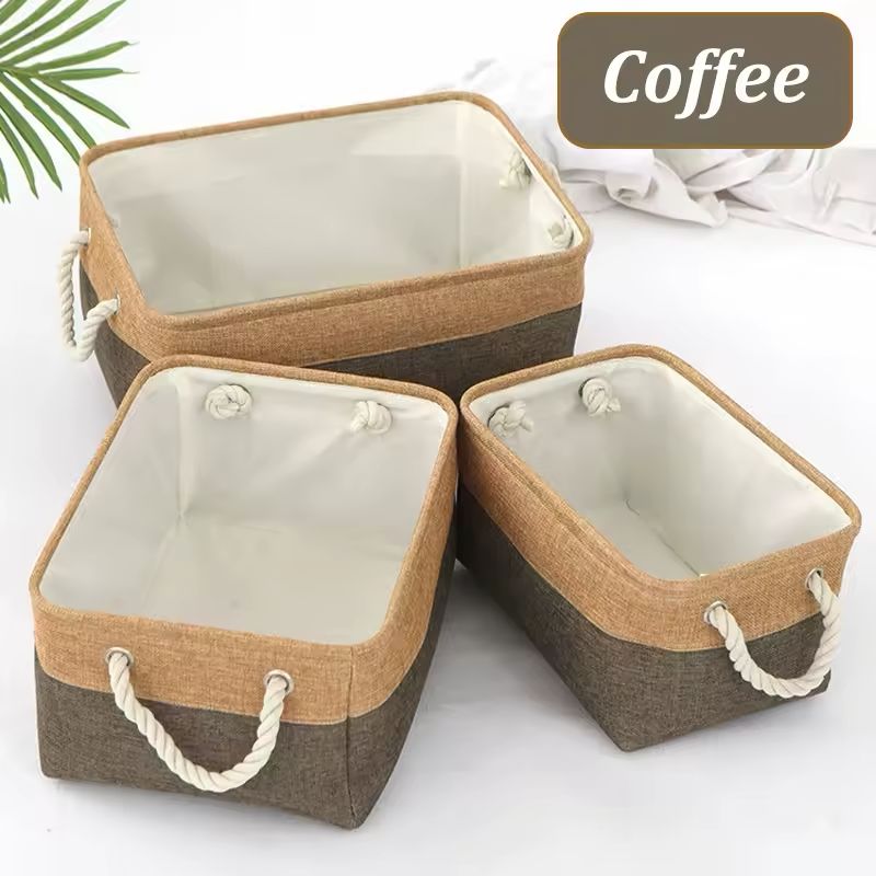 Coffee linen storage basket with handles for organizing clothes, towels and accessories.