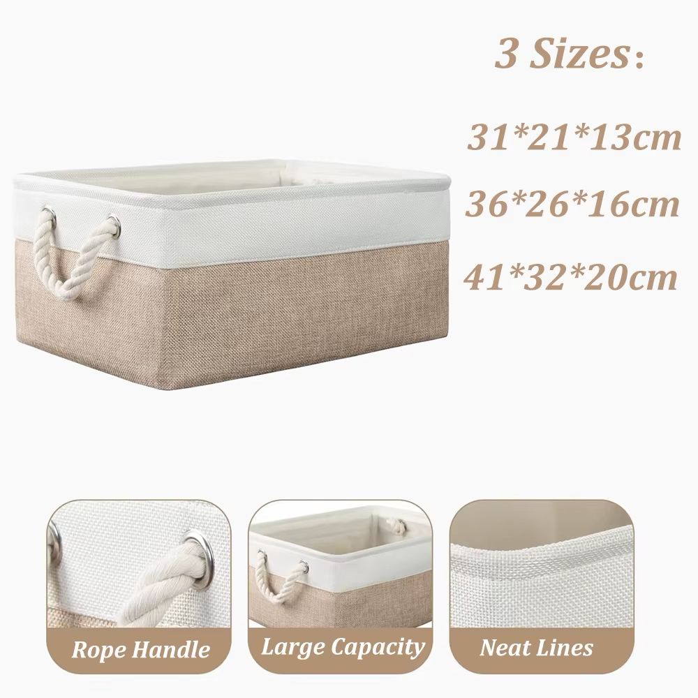Foldable linen storage basket with dimensions and spacious interior for home storage.