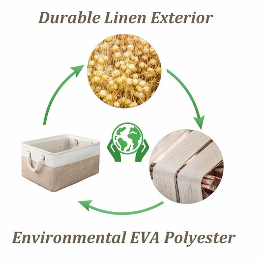 Linen storage basket showing premium fabric, reinforced handles and foldable design.
