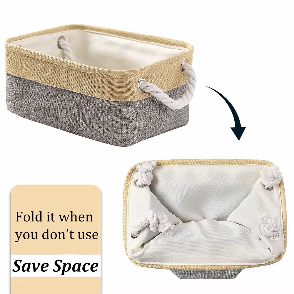 Foldable linen storage basket with reinforced rope handles for space-saving home organization.