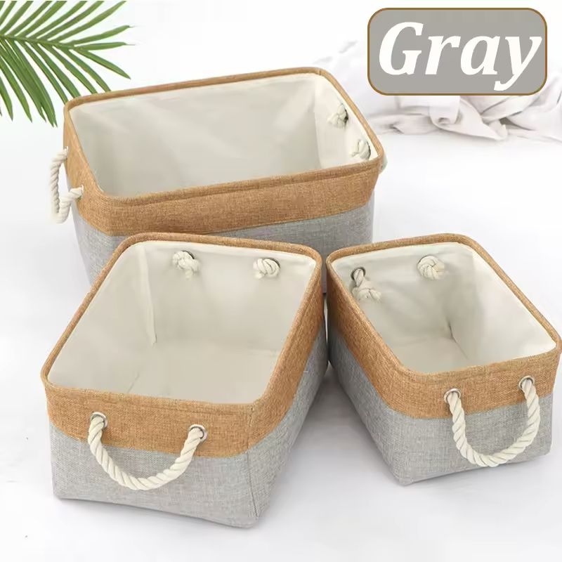 Grey linen storage basket for elegant and practical home organization.