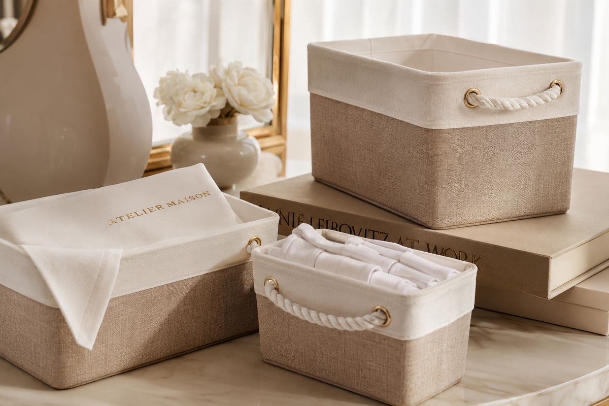 Minimalist linen storage baskets with sturdy handles for stylish home organization.