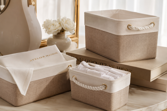 Minimalist linen storage baskets with sturdy handles for stylish home organization.