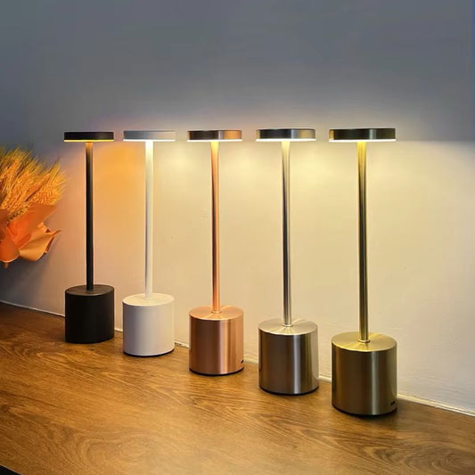 Rechargeable wireless LED table lamp in Black, White, Rose Gold, Silver and Gold for modern home décor.