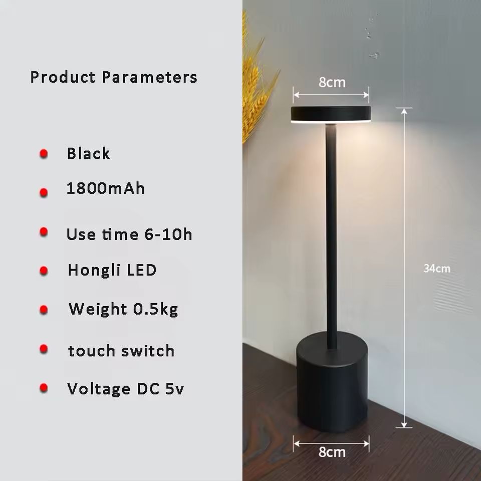 Black cordless LED table lamp with touch control, rechargeable battery, warm light and modern minimalist design.