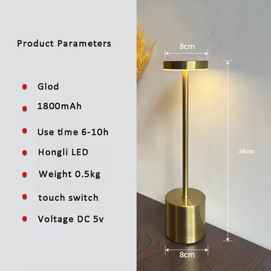 Gold cordless LED table lamp with touch control, rechargeable battery, warm light and modern minimalist design.