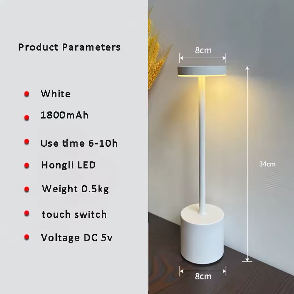White cordless LED table lamp with touch control, rechargeable battery, warm light and modern minimalist design.