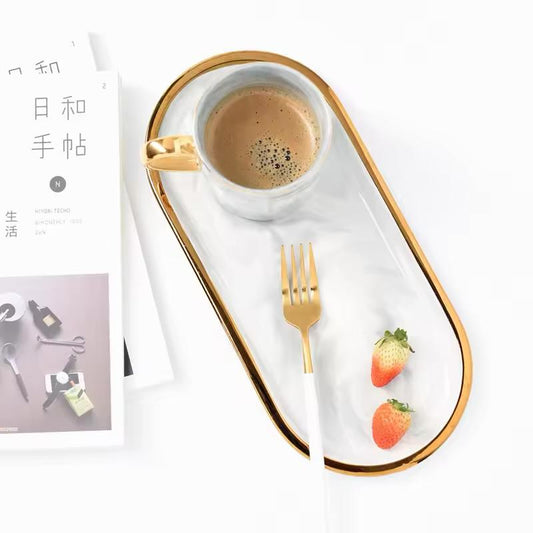 Luxury white marble tray styled with coffee, dessert fork and strawberries for elegant home décor by Maison Fleur