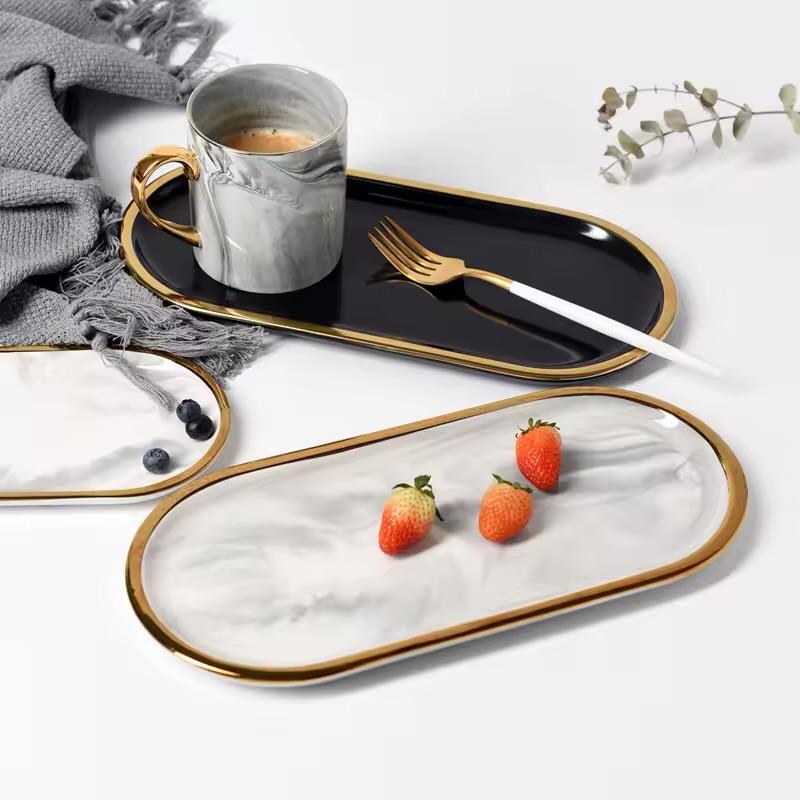 Rosée Marble Tray with marble-effect finish styled with coffee, strawberries and elegant tableware for luxury home décor.