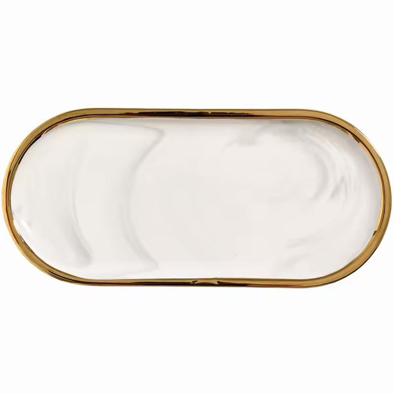 Rosée Marble Tray in white marble-effect finish with elegant gold rim, decorative tray for perfumes, jewelry and home décor